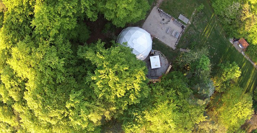 Geodome von oben, Eventgelände Abenteuerwerkstatt